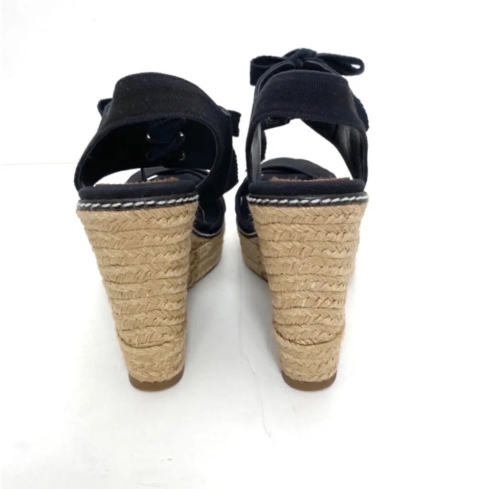 TORY Burch Cross Strap Canvas Ankle Lace up Espadrilles Wedge Sandal Black Sz 10